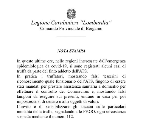 Comunicato Carabinieri