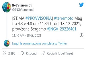 Terremoto nella Bergamasca avvertito anche a Milano